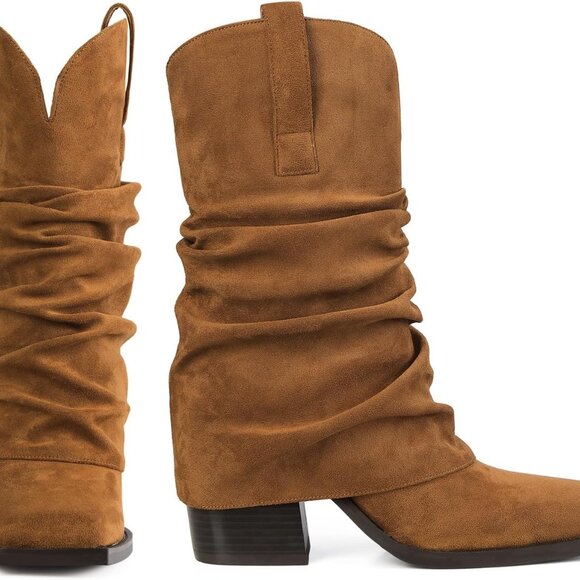 Women's Suede Cowboy Boots Mid Calf Chunky Heel Fold Over Western Casual - Picture 3 of 8